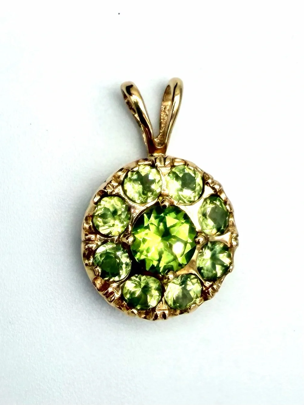 Solid 14k Gold Green Peridot Round Halo Pendant - Vintage Victorian Style
